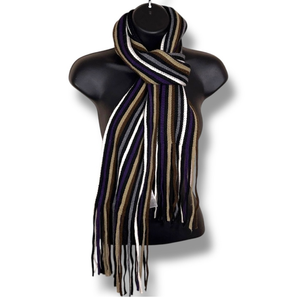 Striped Scarf With Fringe Accent Knit Womens Brown Ton Black Purple